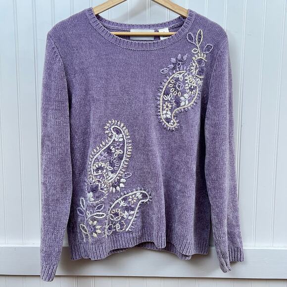 Alfred Dunner Lavender Grandmacore Chenille Sweater Embroidered Paisley Womens S - Picture 2 of 9